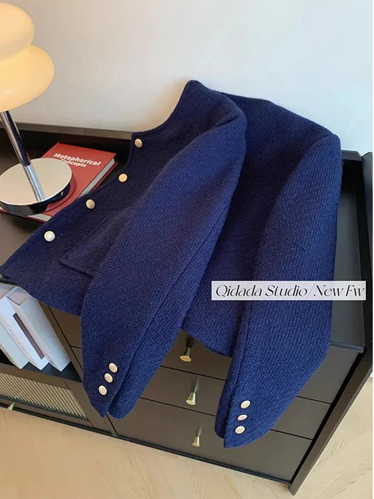 Giacche corte slim in misto lana blu scuro Casual Classic Abrigos elegante monopetto Chaquetas cappotti top donna coreana Jaqueta