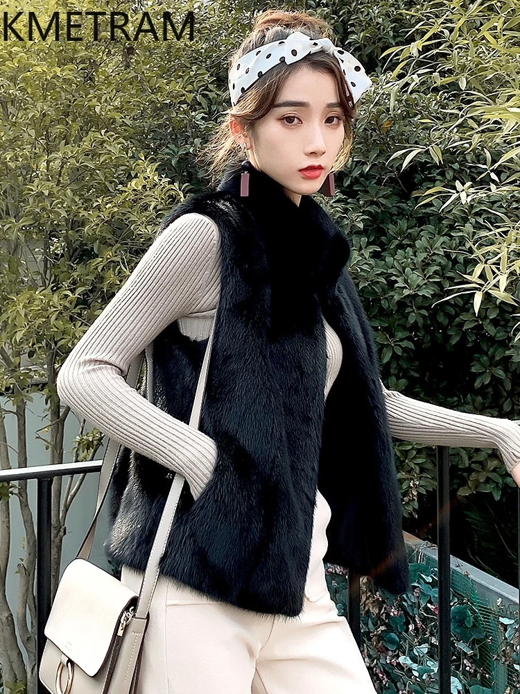 เสื้อขนสัตว์มิงค์แท้ 100% สีดำ คอตั้ง เสื้อขนสัตว์ผู้หญิง เสื้อผ้าฤดูหนาว แขนกุด เสื้อโค้ทขนสัตว์แท้ 2025