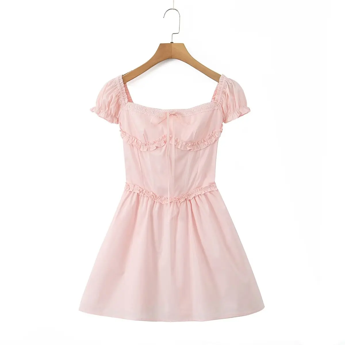 Sweet Pink Wood ears Low Chest Corset style Mini Dress Women Cross Lacing up Bandage Back Short Puff Sleeve Low Waist Party Robe