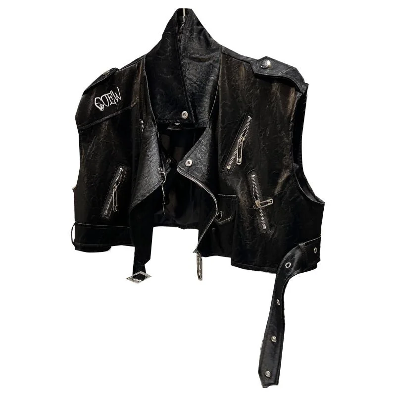 Autumn 2023 New Fashion Letter Embroidery Motorcycle Jacket Streetwear Sleeveless Vests Coat Crop Matte Leather Outwear