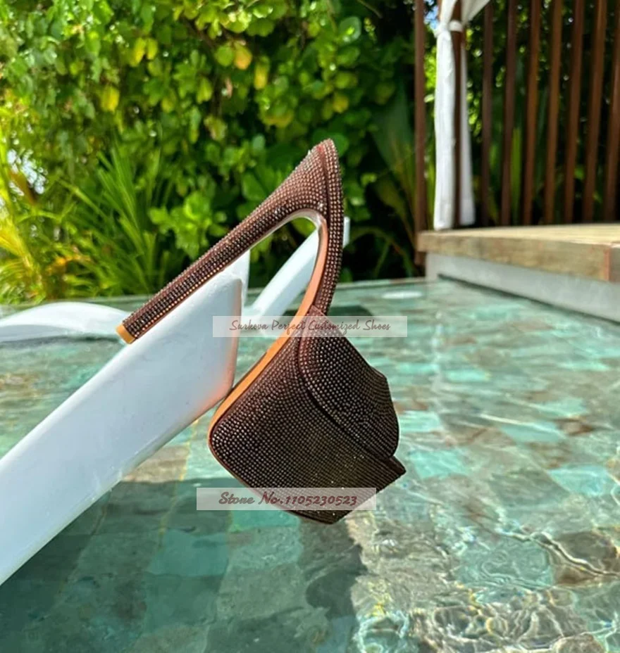 Rose Gold Crystal Platform High Heel Mules Bling Bling Full Rhinestone Pointed Toe Outside Modern Slippers Pull On Sandals