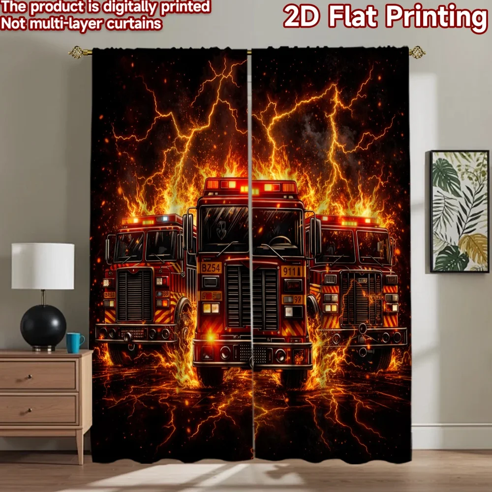 2D flat printing 2pcs Curtain Drapes Fire Trucks in Flames Digital Printed Polyester Drapes Birthday Party for Photo Booths &