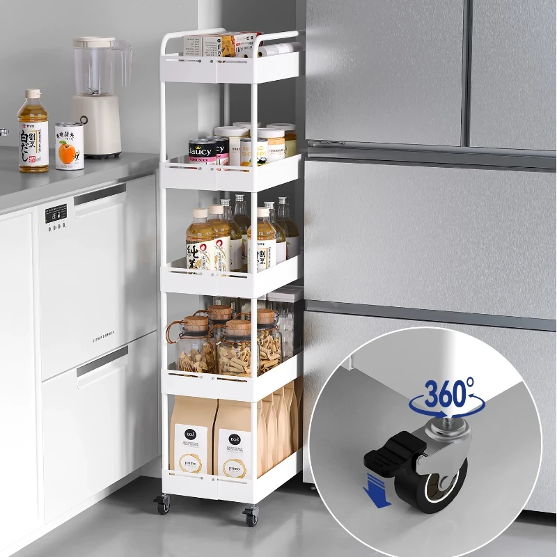 Telescopic Ultra Slim 360° Mobile Noiseless Multi Tier Push Pull Trolley Extra Volume Fridge Side Storage Narrow Space Organizer