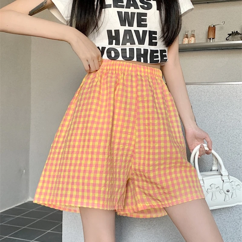 Summer 2024 New Plaid Shorts Women Korean Style Office Lady Loose Casual Thin Wide-legged Versatile Daily Short Pants Female