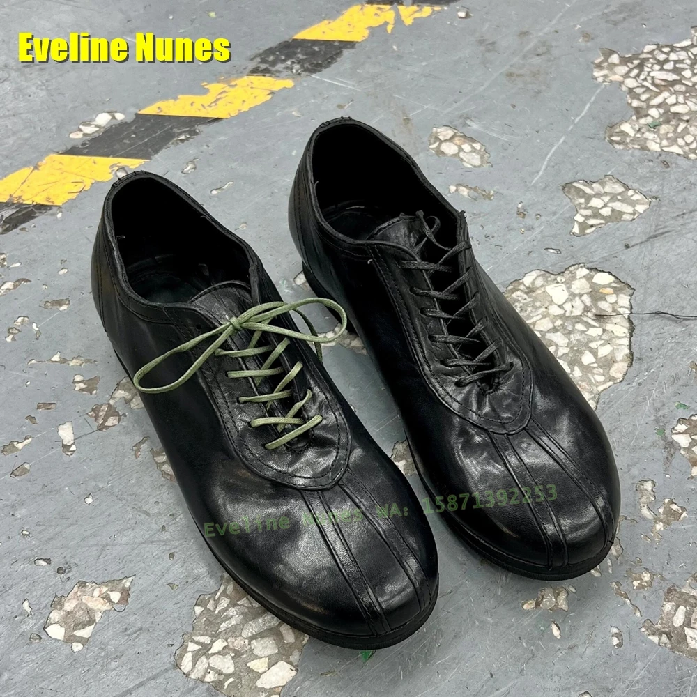 

Black Lace-Up Retro Casual Loafer Shoes Round Toe Square Heel Patchwork Couple Pumps 2025 Spring New Arrivals Big Size 35-44