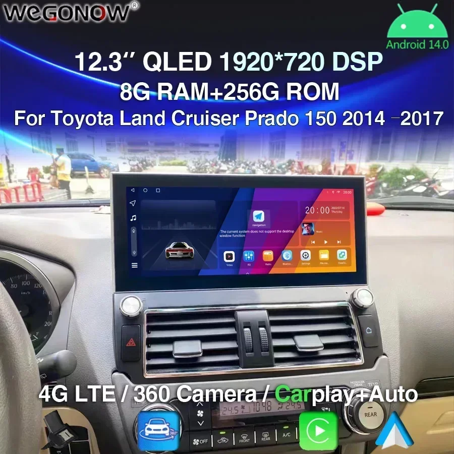 

1920*720 Carplay 8G + 256G Android 14 Автомобильный DVD-плеер GPS WIFI Bluetooth 5,0 RDS Радио для Toyota Land Cruiser Prado 150 2014-2017