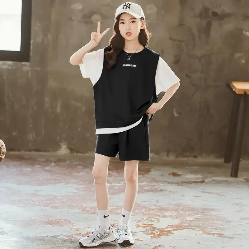 Children's Clothing Set Summer Girl Short Sleeved + Shorts Suit Leisure Tracksuit for Kids Girls Clothes 5 6 8 9 10 12 Years Old image 5