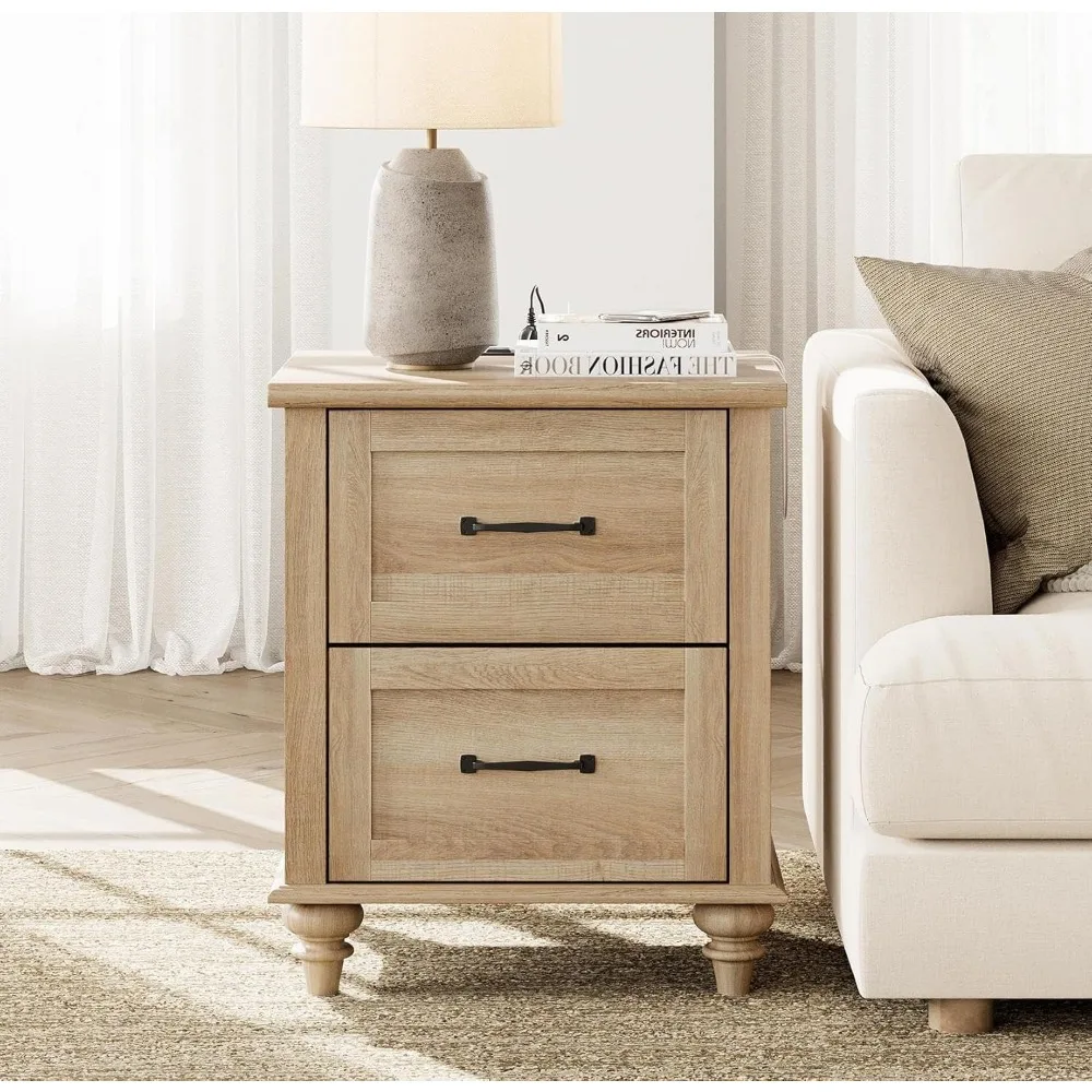 Mesa de cabeceira com estação de carregamento, mesa de cabeceira de 20 polegadas com 2 gavetas, mesa de cabeceira rústica de madeira com sólido