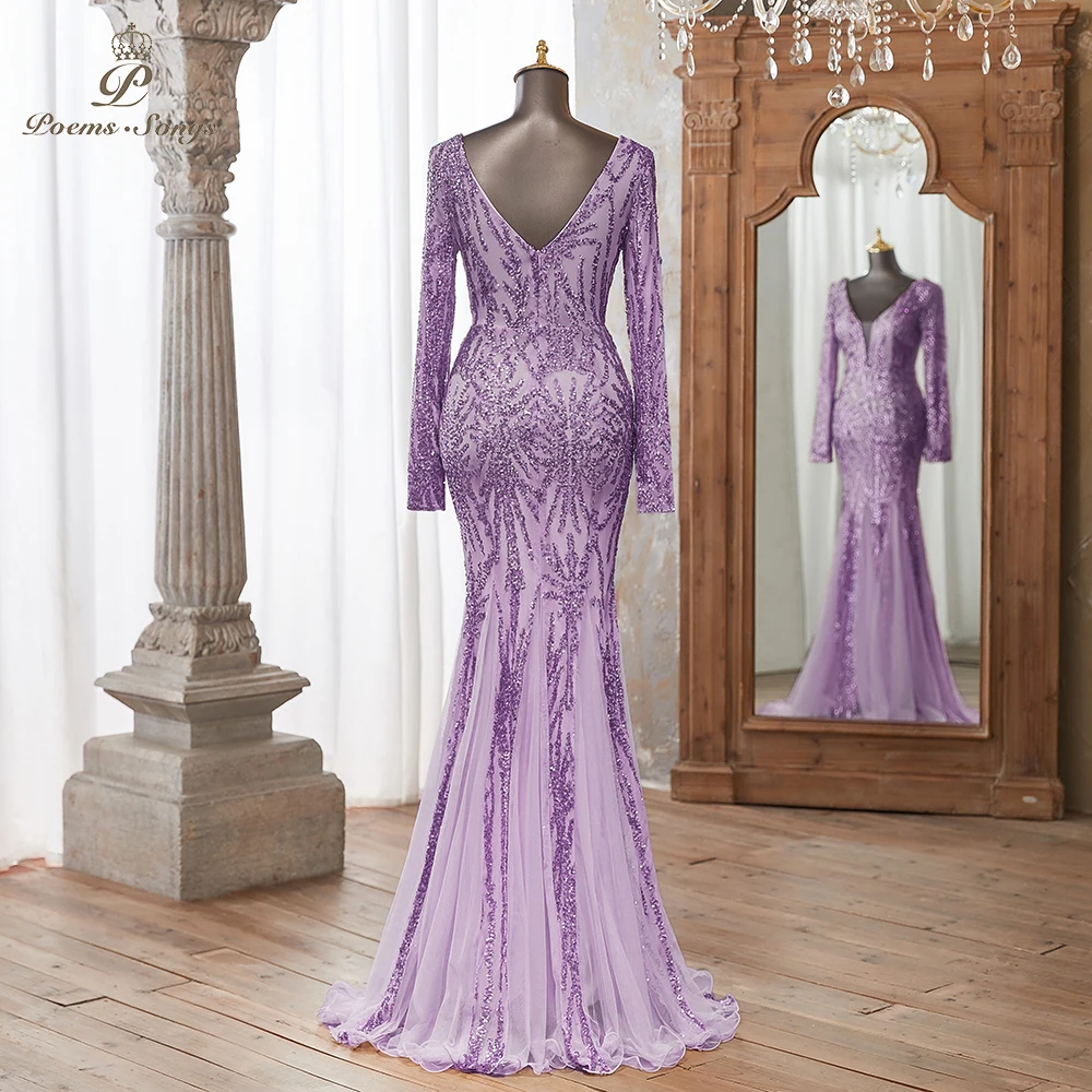 Luxurious Purple Long Sleeve Sequin Gown Deep V-Neck Embellished Pattern Mermaid Formal Dress Elegant Evening Special Events