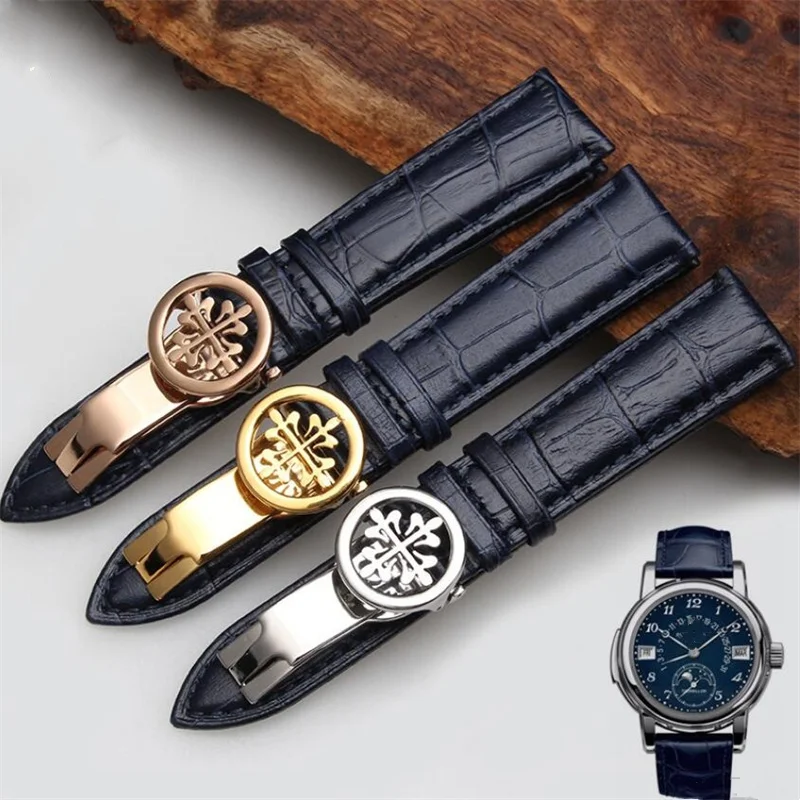 Bracelet de montre en cuir de vachette véritable, durable, fermoir pliant bleu foncé, bracelet en cuir de veau, convient à la montre Patek Philip 5146, 5270, 20mm, 21mm, 22mm