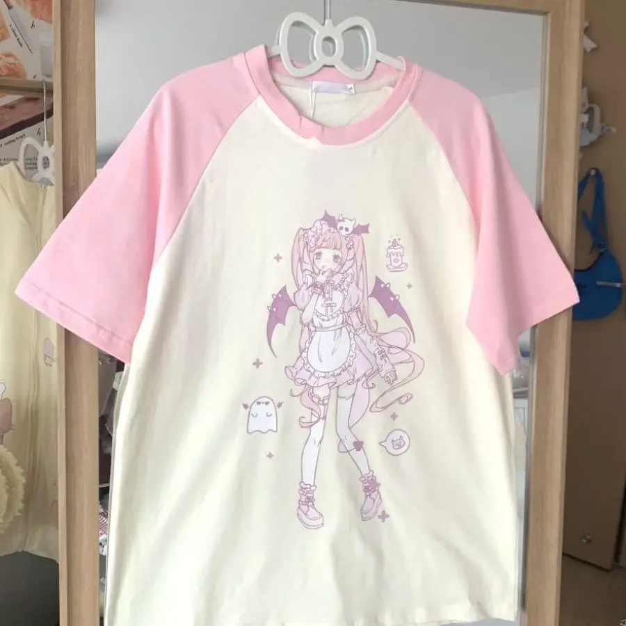 Kawaii Demon Maid Anime Raglan T-Shirt Cute Goth Lolita Graphic Tee for Women Harajuku Streetwear sweet girls punk grunge tops
