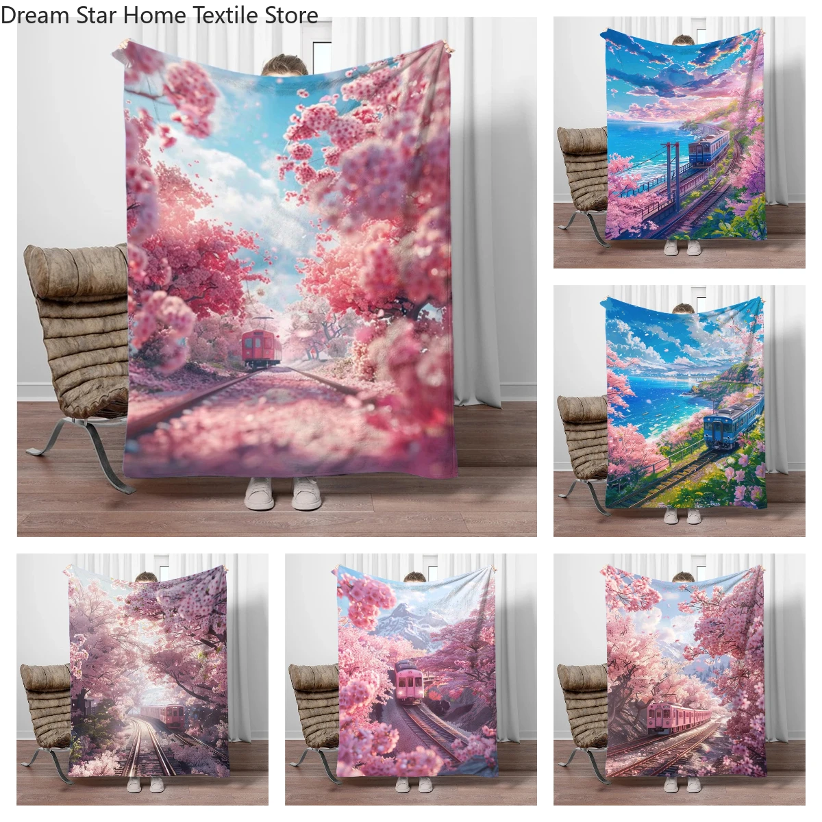 Fantasy Sakura Train Flannel Blanket Children Warm Soft Blanket for Sofa Bed Cover Blanket Suitable for Birthday Souvenir Gifts