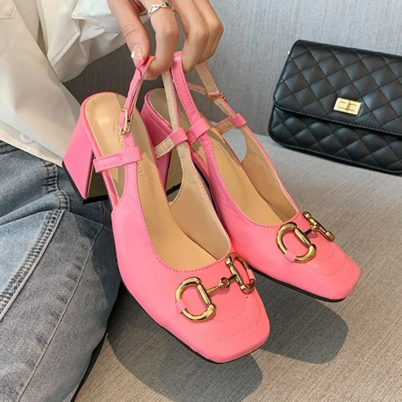 Women\'s High Heels Shoes 2024 Summer Pumps  Back Empty Female 8cm Thick Heel Square Toe Mary Jane Shoes Black Pink Talon Femme