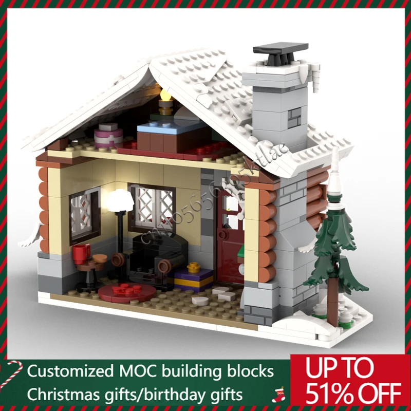 581-Teile MOC Weihnachtsserie Holzhütte Modell Bausteinsteine DIY Kreatives Montageset Lernspielzeug Festival Geschenke
