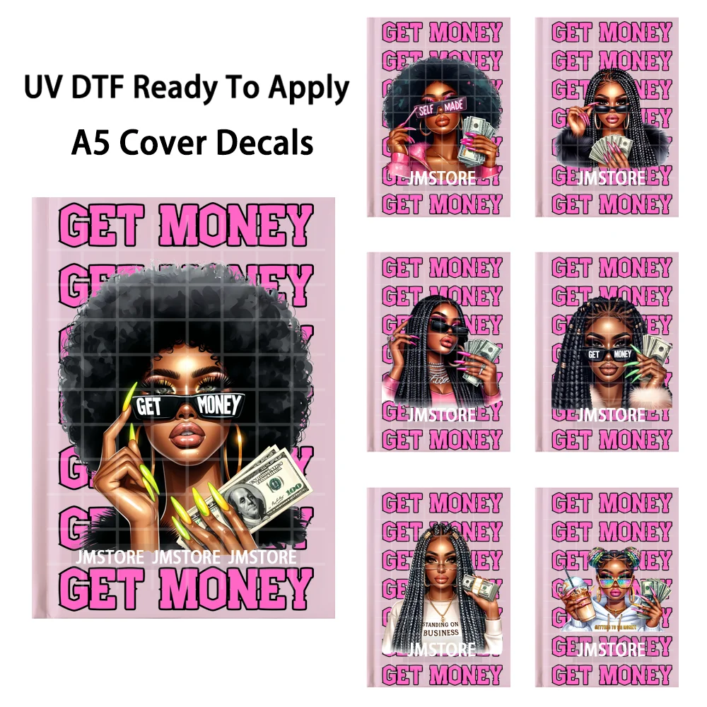 Self Made Hustle Black Women Pink Rich Girls UV DTF Notebook Cover Decals Ready To Apply Transfer Stickers For A5 Journal Cover