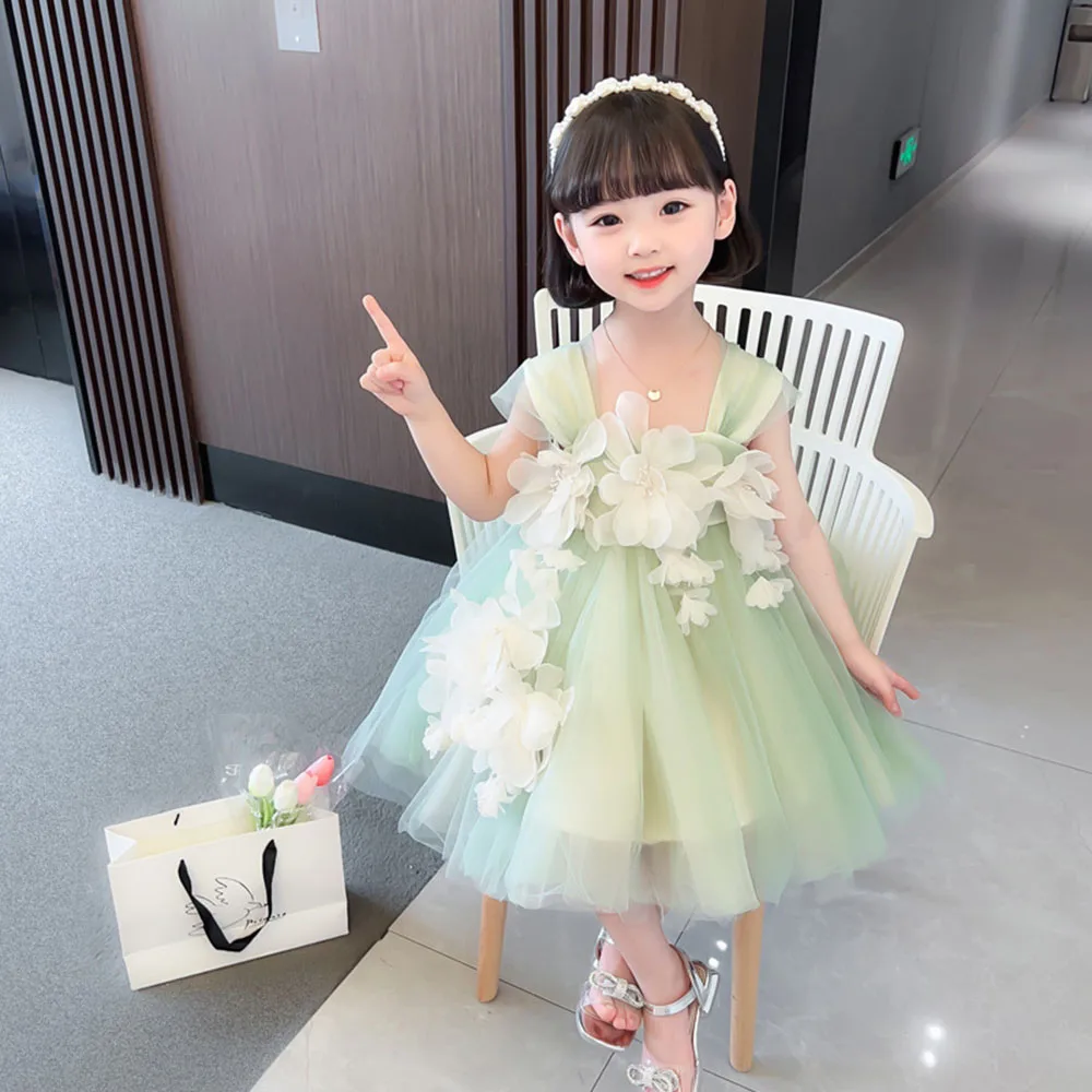 Sweet Light Green Flower Girl Cute Square Collar Sleeveless Flower Appliques Party Gown Casual Knee-Length A-Line Dress