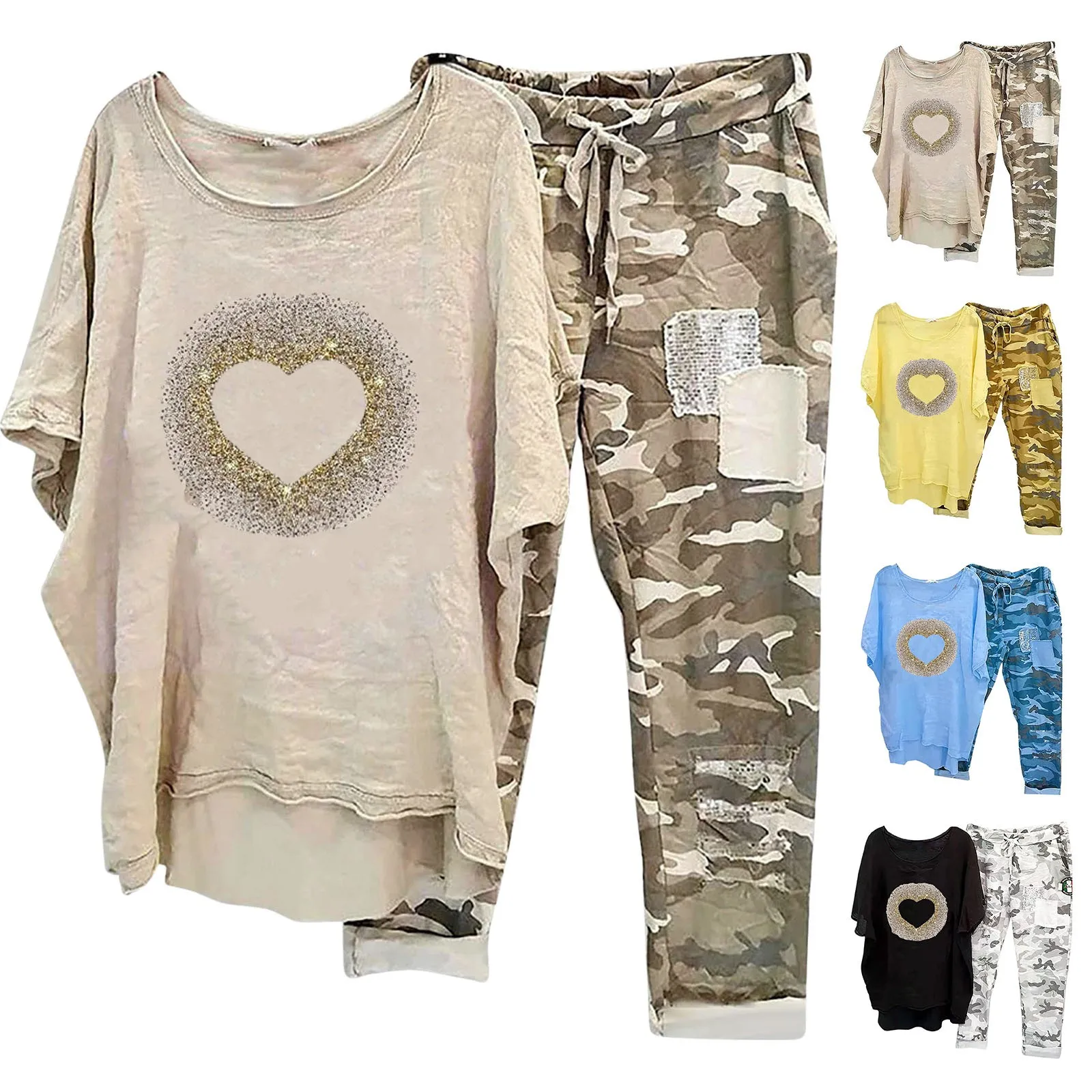Trendy Women T-shirt Pants Set Half Sleeves Two Piece Suit Women Summer Outfit Plus Size Elastic Waist Sports Outfit Pants Suit