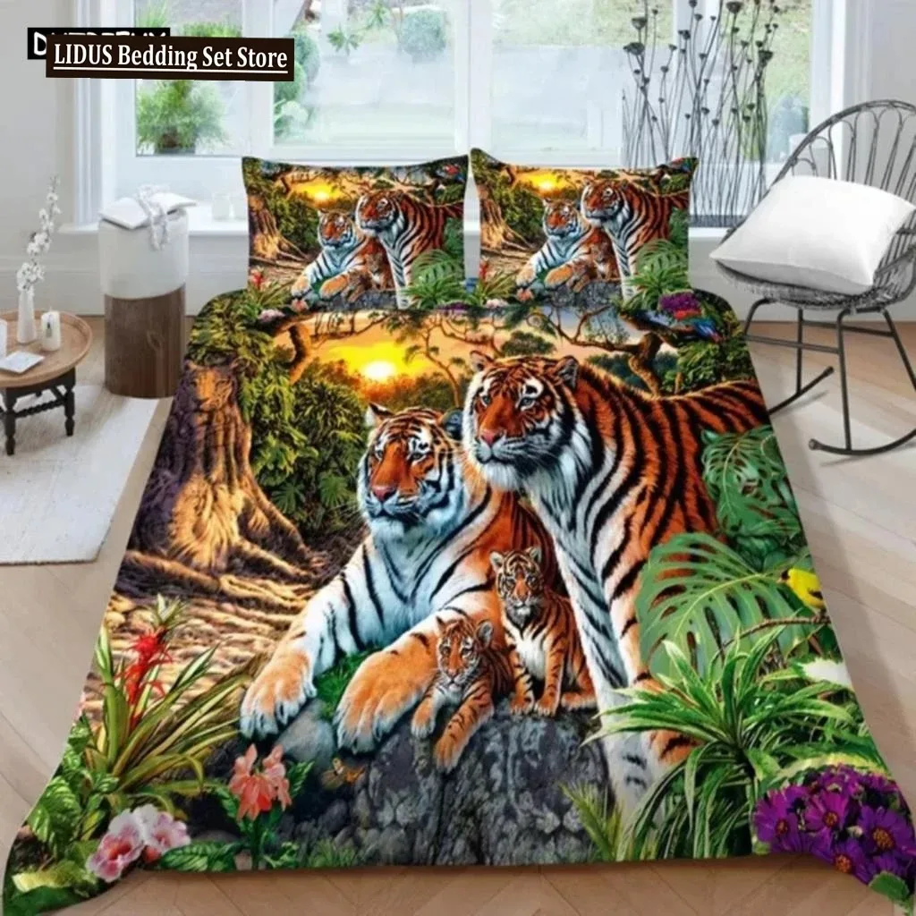 3D Animal Tigers Bedding Set 23PCS Soft Microfiber Queen King Twin Size Duvet Cover Set With Pillowcases Teens Boys Duvet Cover