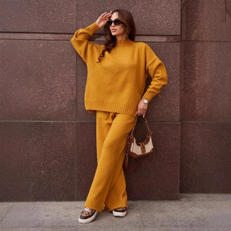 

Осенне-зимний новый модный и удобный уличный пуловер, женские вязаные брюки, комплект из шерсти, повседневный комплект из двух предметов