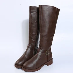 Vintage Brown Women Knee High Boots Big Size Low Heels Platform Long Boots Autumn Winter Pu Leather Zip Women Warm Booties