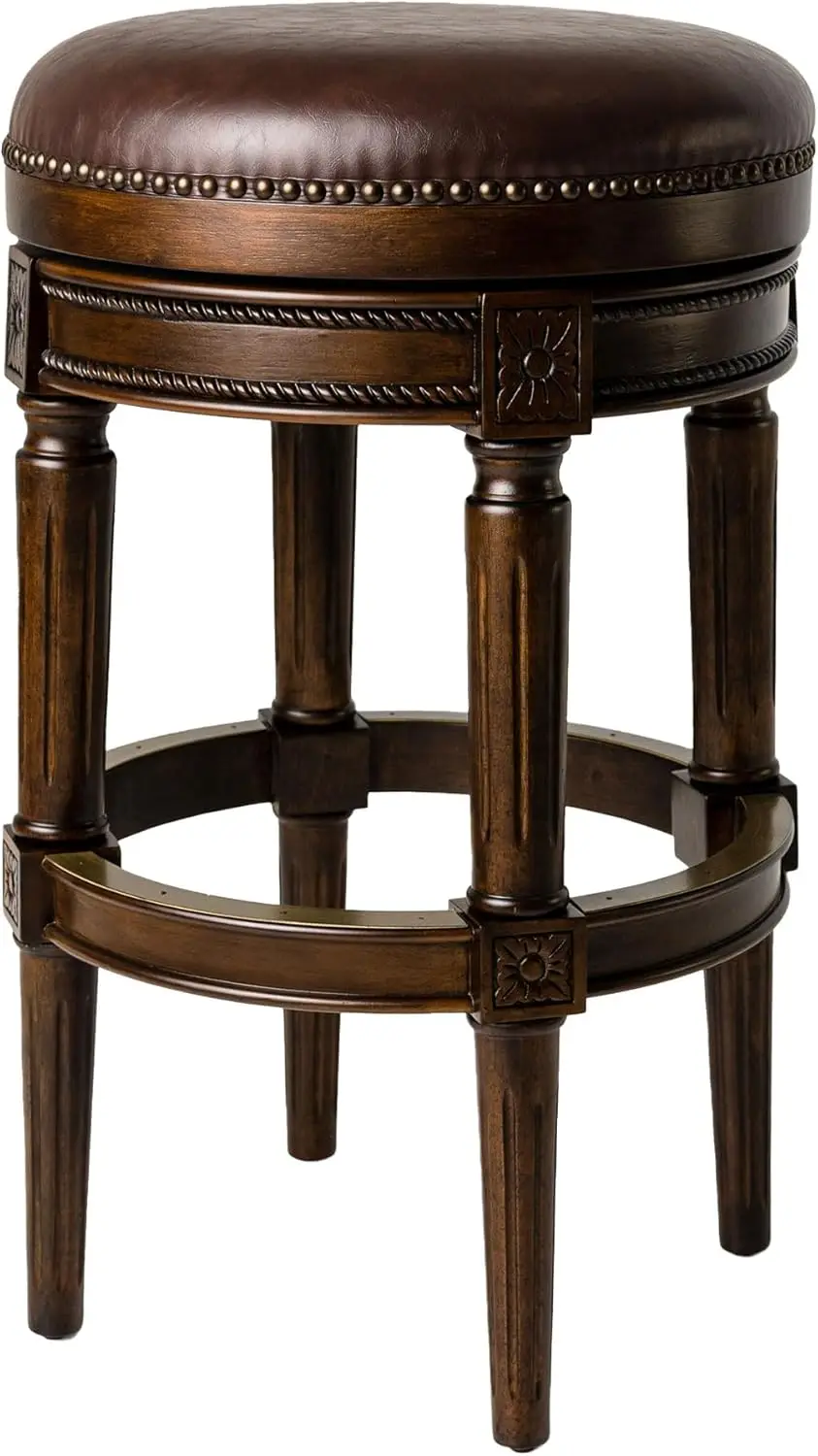 

Pullman Backless Bar Stool 31 Inches – Swivel Stool with Footrest – Dark Brown Solid Wood Frame & Brown Faux Leather U