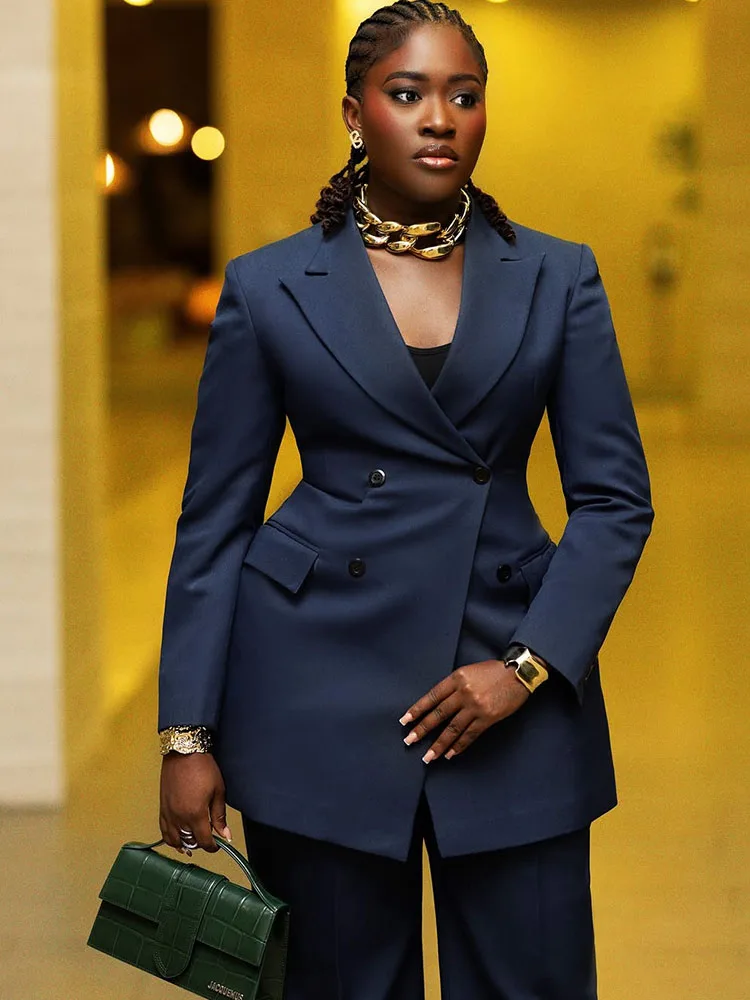 エレガントなオフィスレディ向けツーピースセット、女性用ワークウェア、ダブルブレストブレザーコートとワイドレッグパンツスーツのマッチングセット、ユニフォーム