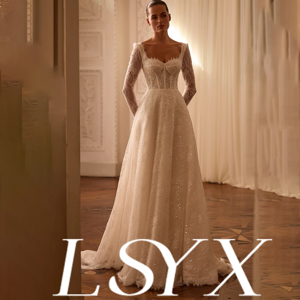Lsyx personnalisé col carré robe de mariée dentelle manches longues paillettes embelli Corset robe de bal dos ouvert tenue de mariée élégante