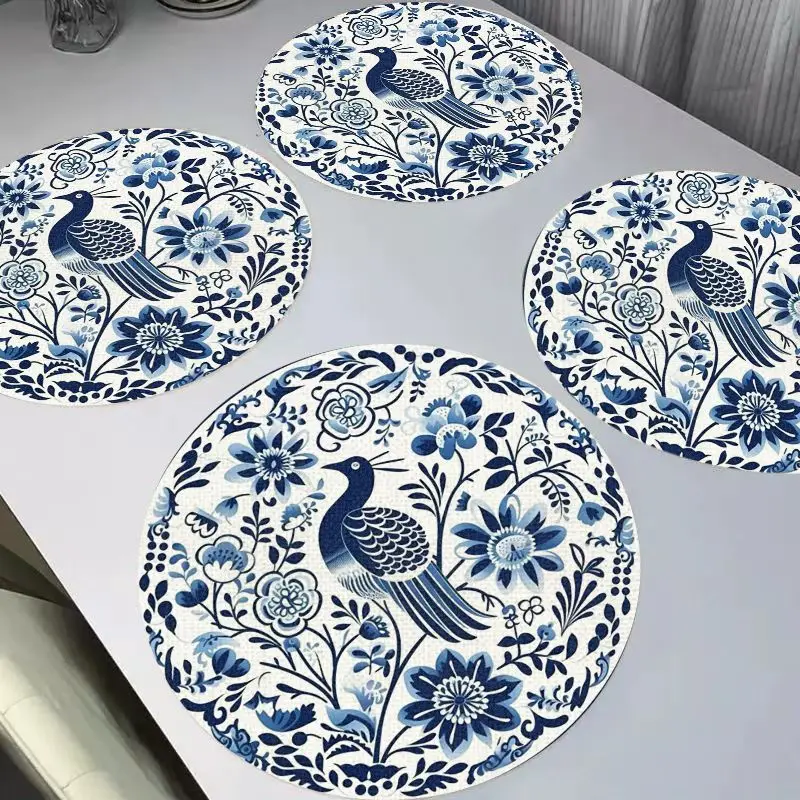 VIKAMA New Chinese Peony Flower Round Linen Table Mat Insulation, Washable, Wear resistant Table Mat Table Decoration
