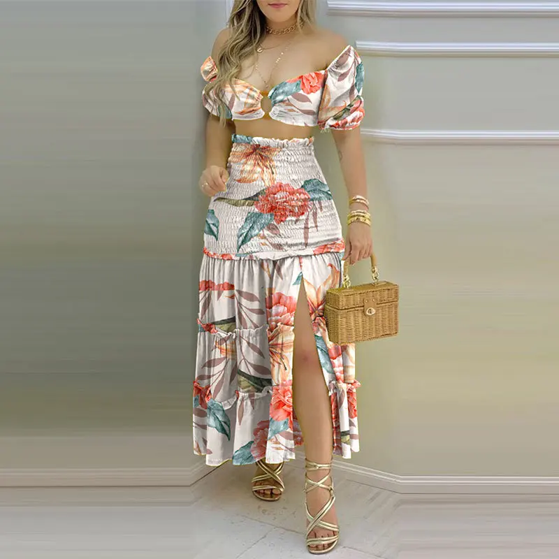 2024 summer new women\'s one-shoulder print split skirt two-piece suit