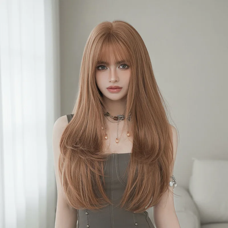 Women's long brown wig, fashionable synthetic fiber full headpiece with layered straight hair