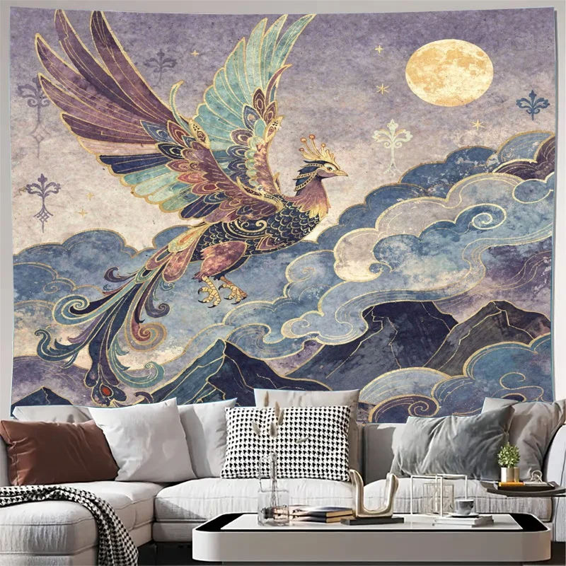Grande tapisserie murale Phénix, décoration artistique suspendue, motif nuage et lune, style bohème, fantaisie, tribal, imprimé abstrait pour la maison