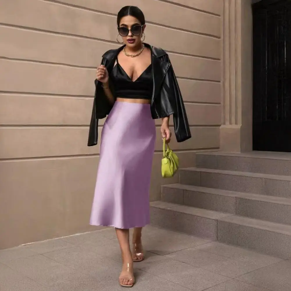 Women Midi Skirt High Waist Smooth Satin Fishtail Hem Slimming Skirt Travel Party Work Leisure Daily Wear