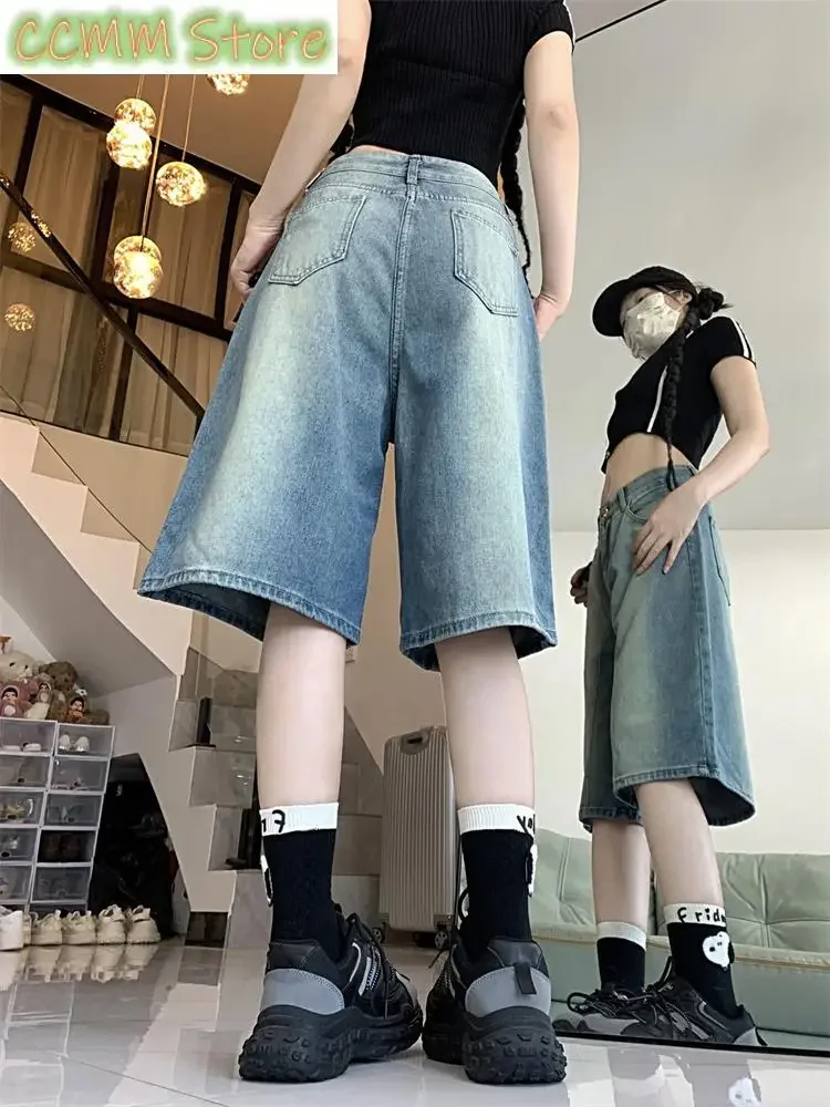 Summer Street Women's Regular Cropped Jeans Young Girl Wide Leg Denim Shorts Female High Waist Loose Retro Capris Pants