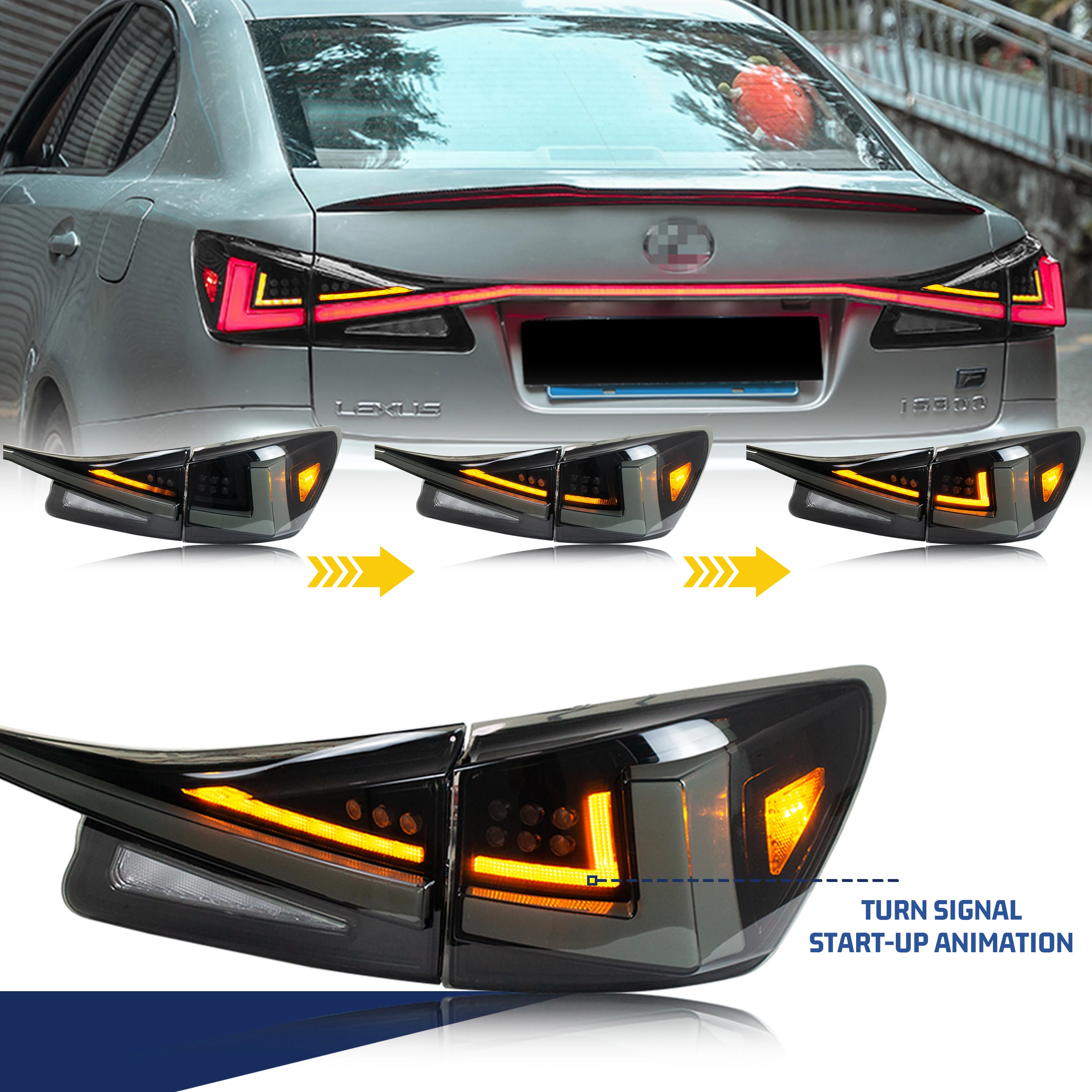 LED Tail Lights & Middle Lamp for Lexus IS250 IS350 ISF 2006-2013 Smoked Start-up Animation Sequential Turn Signal Facelift Rear