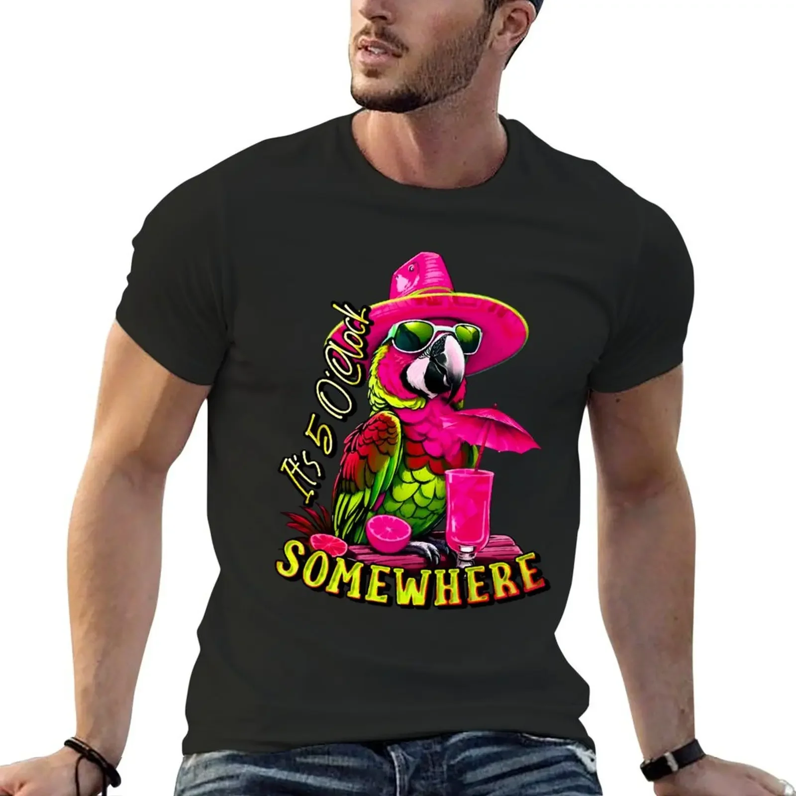 It's 5 o'clock somewhere Cocktail Tropical Parrot T-Shirt shirts graphic cute clothes mens funny t shirts