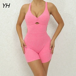 Sexy Female Short Jumpsuit Fancy Bodysuit One Pieces Romper Gym Fitness Overalls Mono Playsuits Lycra Woman Clothing Pink Body