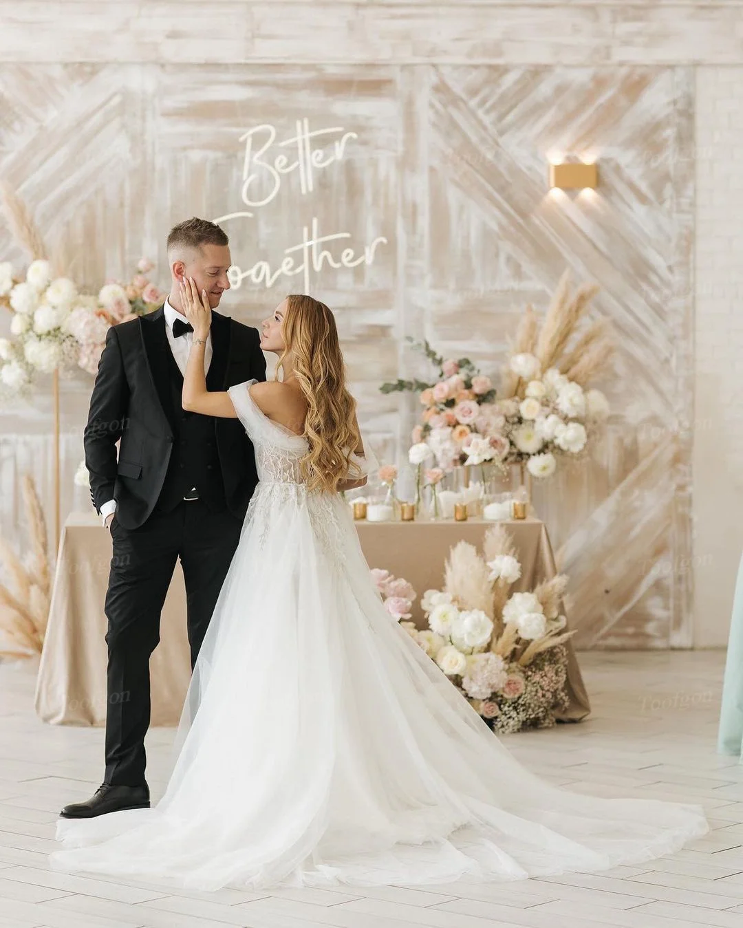 Toofgon vestido de novia de encaje con apliques de tul de una línea elegante, corsé con hombros descubiertos, vestidos de novia para fiesta