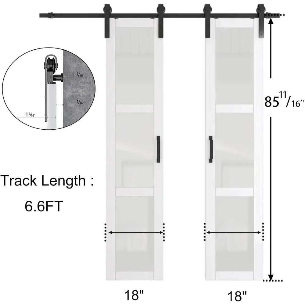 3 Lamps Tempered Frosted Glass Double Barn Door, Hardware Kit, Handle, MDF, PVC Sliding Split Barn Door, Need to be assembled