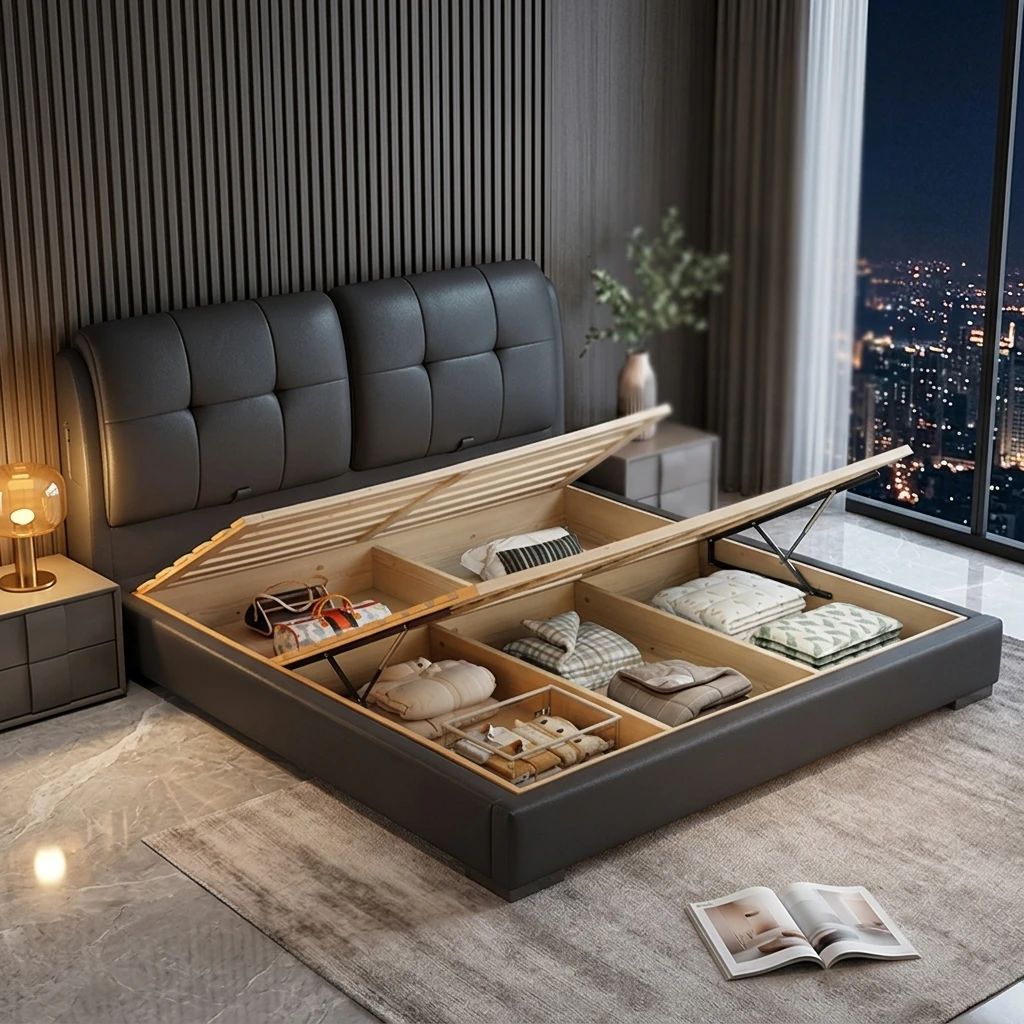 ^Modern French Tufted Soft Bed Headboard PU Leather Upholstery Pine Wood Frame Storage Space-Saving Durable Foam Queen/King Hote