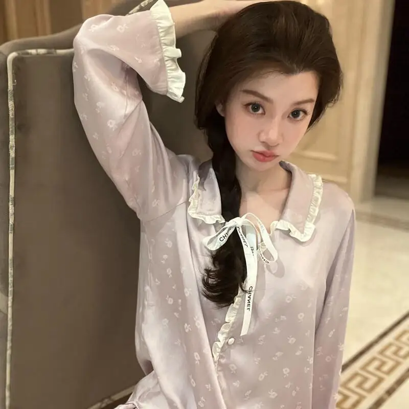 

Сексуальный пижамный комплект Kawaii Anime Fashion Повседневная пижама во французском придворном стиле для женщин весной с длинными рукавами из ледяного шелка High Beauty