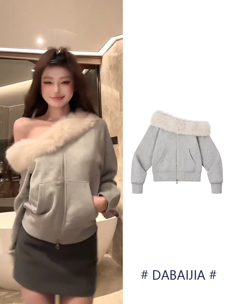 

Retro Grey Fur Collar Hoodie Jacket Slim Fit Short Style Women's Spring 2025 New Arrival Commute Fashion High Waist Slimming Top