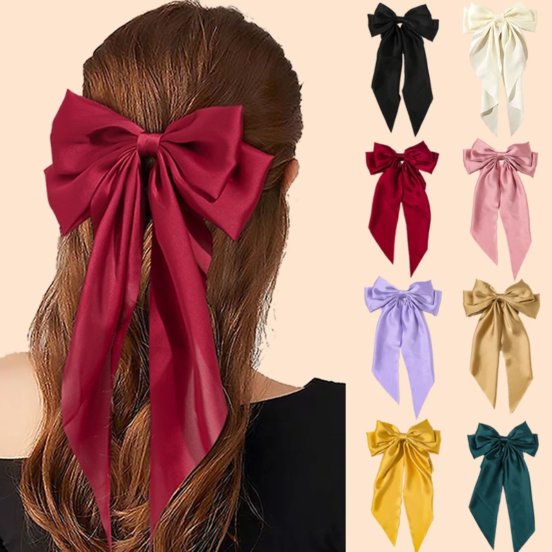 17KM Korean Black Red Big Bow Hair Clip For Women Girls Elegant Long Chiffon Ribbon Hairpins Barrette Hair Accessories Gifts