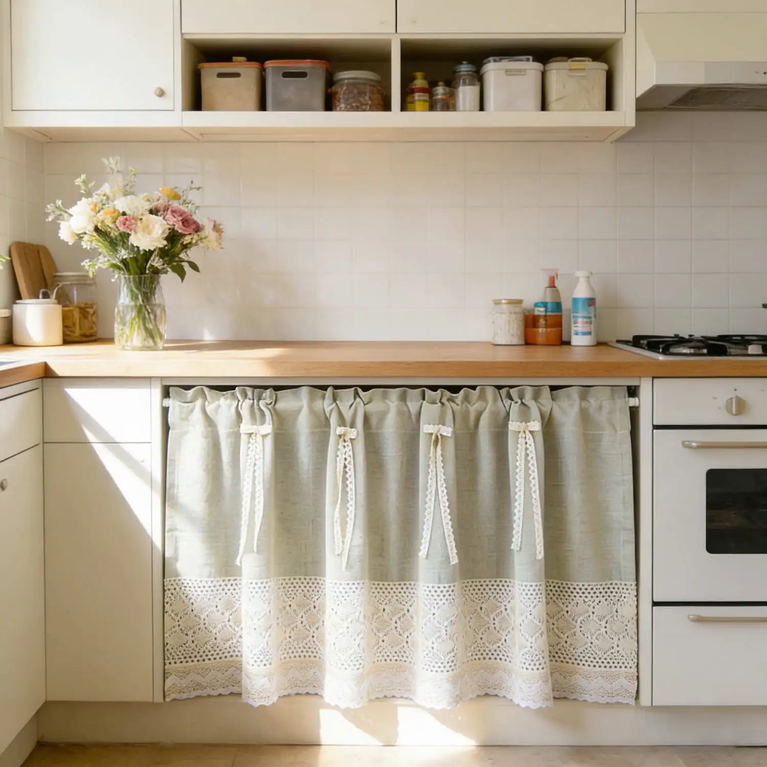 1PC Bohemia Matcha Green Stitching Lace Short Curtain for Kitchen Cabinet Door Small Window Drape With Bows Blinds