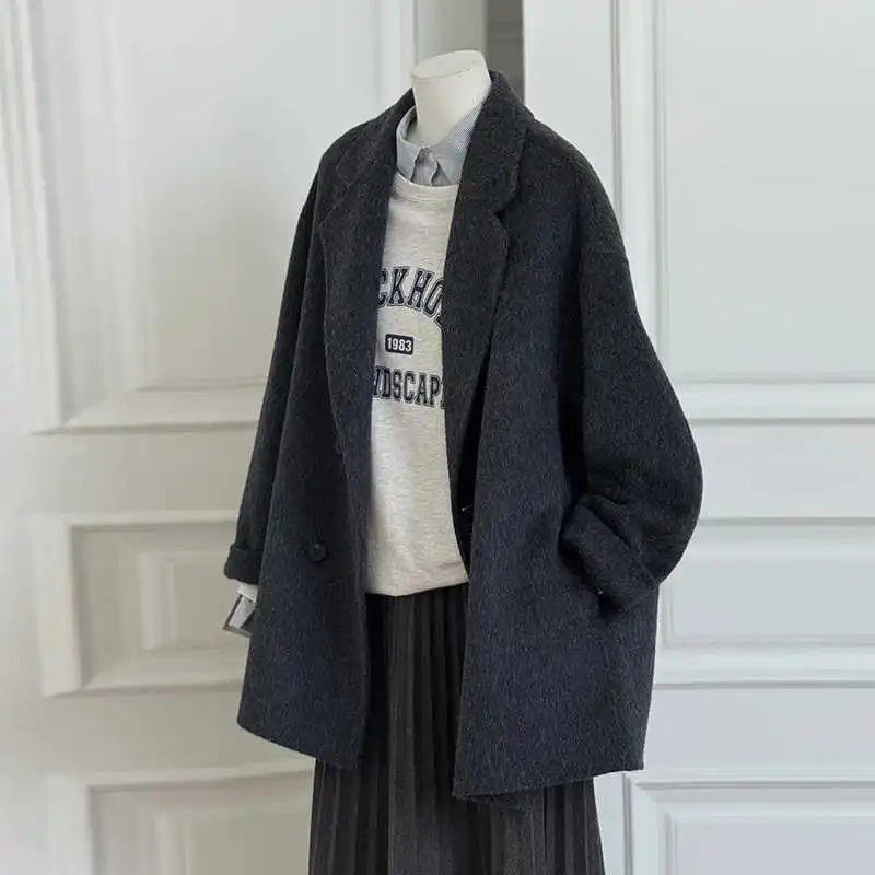 Grey Double-Sided Woolen Coat Women'S 2025 Autumn And Winter New Style Hepburn Style High-End Suit Jacket - Image 2