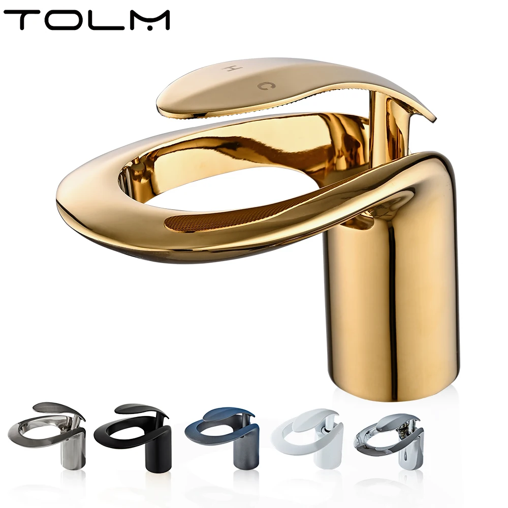 TOLM Waterfall Basin Faucet Water Tap Chrome Bathroom Faucet Deck Mount Single Handle Hot And Cold Water Mixer Bathroom Sinks
