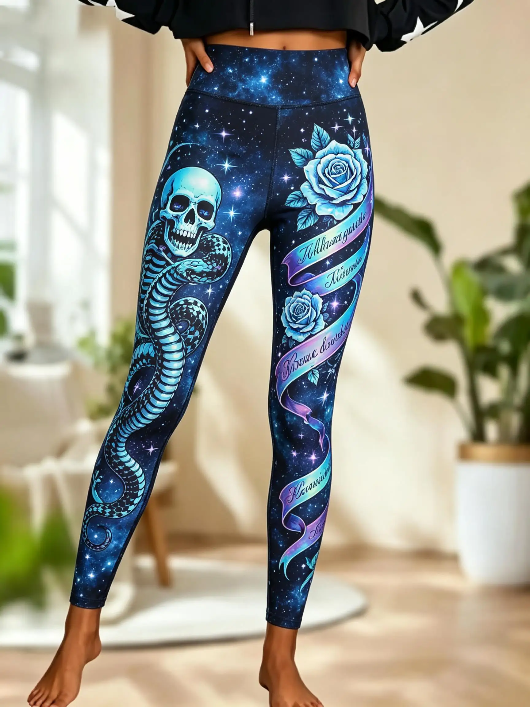 Women Halloween Fleece Mid‑Rise Leggings Galaxy Skull Snake Blue Rose Ribbon Full Print Stretch Slim Pants