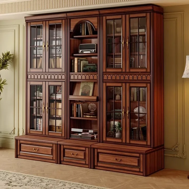 American Retro Solid Wood Bookcase with Glass Door Villa Study Locker Living Room Display Cabinet