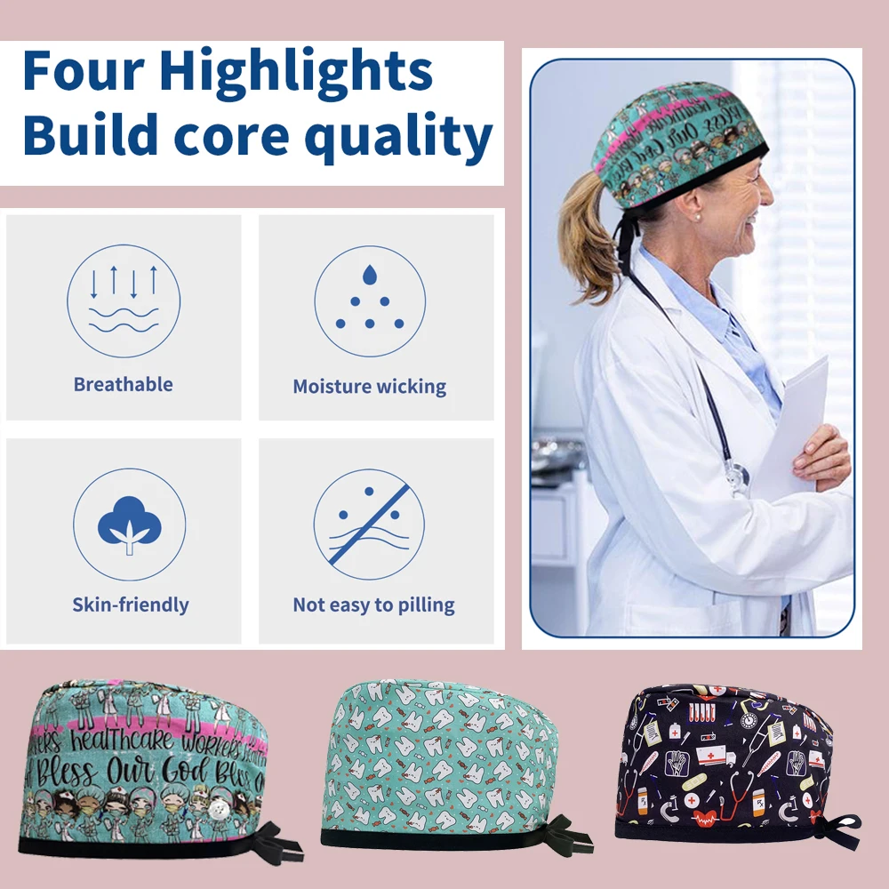 Surgical Caps Pharmacy Baotou Scrub Cap Medical Print Pet Clinic Women Men Doctors Dentist Hat Nurse Salon Hat with Buttons