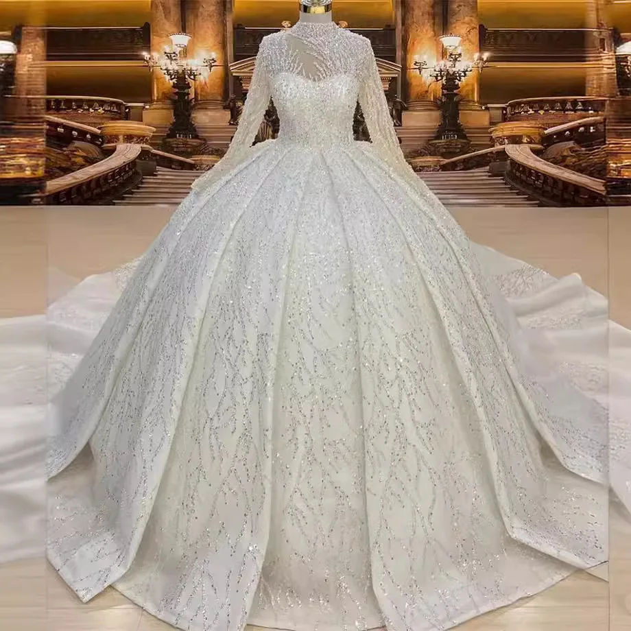 

Luxury Saudi Arabic Women Wedding Dresses Long Sleeve High Neck Bride Bridal Wear Ball Gown Vestidos De Noiva abiti da sposa