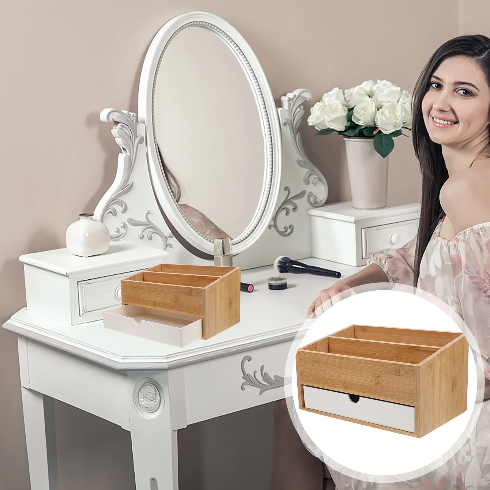 

Desktop Storage Box Bamboo Drawer Organizer For Office Home School Cosmetics Makeup Sundries Storage Countertop Organizer